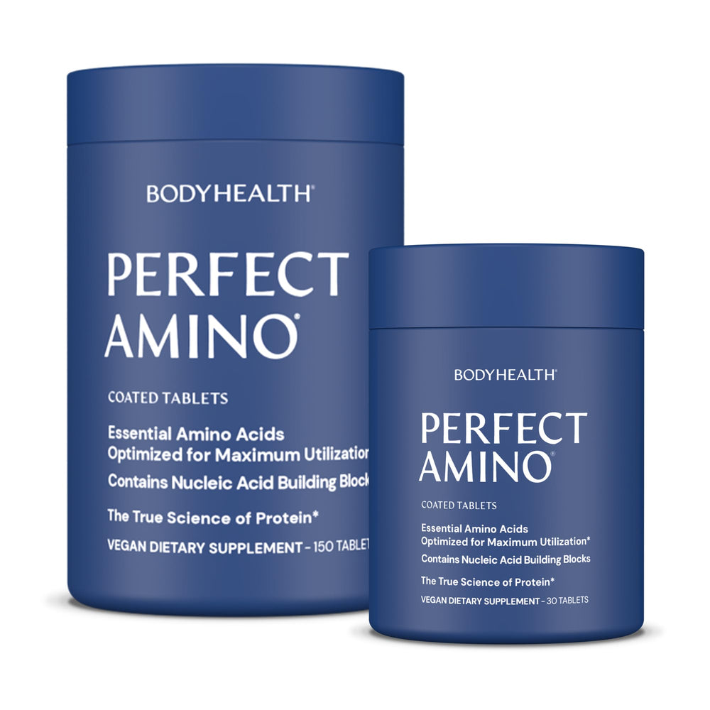 BodyHealth PerfectAmino bottle front with easy-to-swallow vegan tablets for workouts.