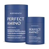BodyHealth PerfectAmino bottle front with easy-to-swallow vegan tablets for workouts.