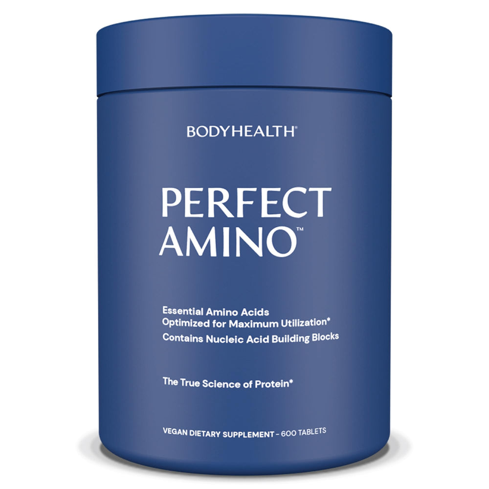 BodyHealth PerfectAmino bottle front view highlighting essential amino acids.
