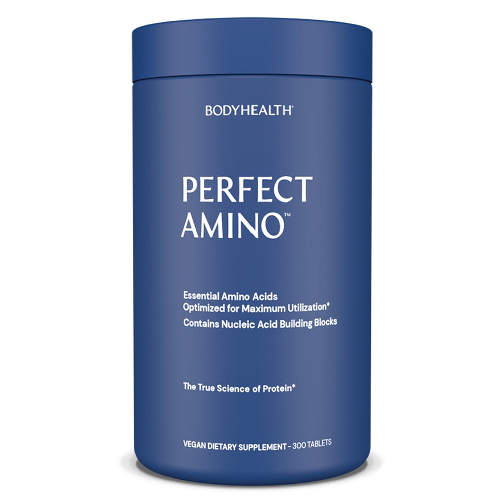 BodyHealth PerfectAmino bottle front view showing vegan amino acids for recovery
