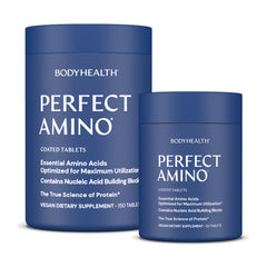 BodyHealth PerfectAmino bottle front with easy-to-swallow vegan tablets for workouts.