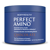 BodyHealth PerfectAmino chocolate powder tub for quick muscle recovery after workouts.