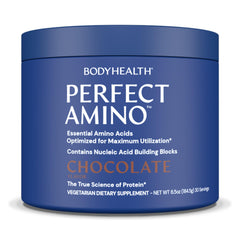 BodyHealth PerfectAmino chocolate powder tub for quick muscle recovery after workouts.
