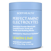 BodyHealth PerfectAmino Electrolyte Lemon Lime powder in jar for 30 servings, ready for hydration.