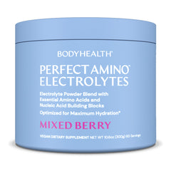 BodyHealth PerfectAmino Electrolytes Berry bottle pour supports hydration during workouts
