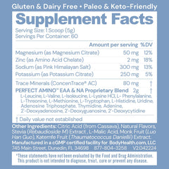 BodyHealth PerfectAmino Electrolytes Berry tub front highlights keto-friendly hydration