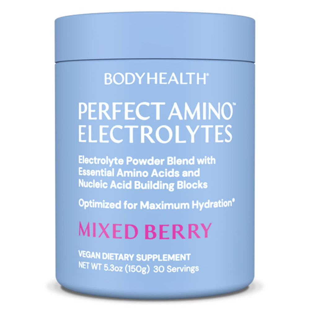 BodyHealth PerfectAmino Electrolytes Powder mixed berry bottle for long-lasting hydration during workouts