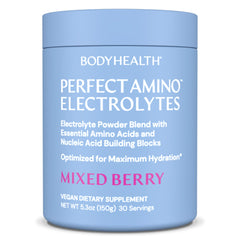 BodyHealth PerfectAmino Electrolytes Powder mixed berry bottle for long-lasting hydration during workouts