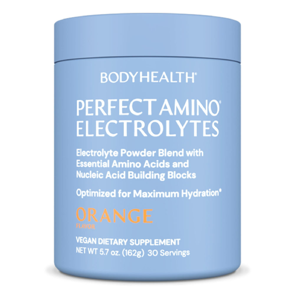 BodyHealth PerfectAmino Electrolytes Orange powder for quick, sugar-free hydration during workouts.
