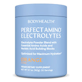 BodyHealth PerfectAmino Electrolytes Orange powder for quick, sugar-free hydration during workouts.