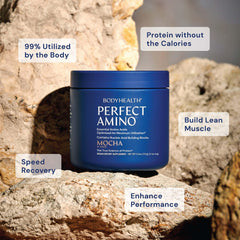 BodyHealth PerfectAmino ingredients panel highlights essential BCAA and EAA profile.