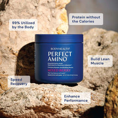 BodyHealth PerfectAmino label close-up highlighting essential amino acids and vegan sourcing.