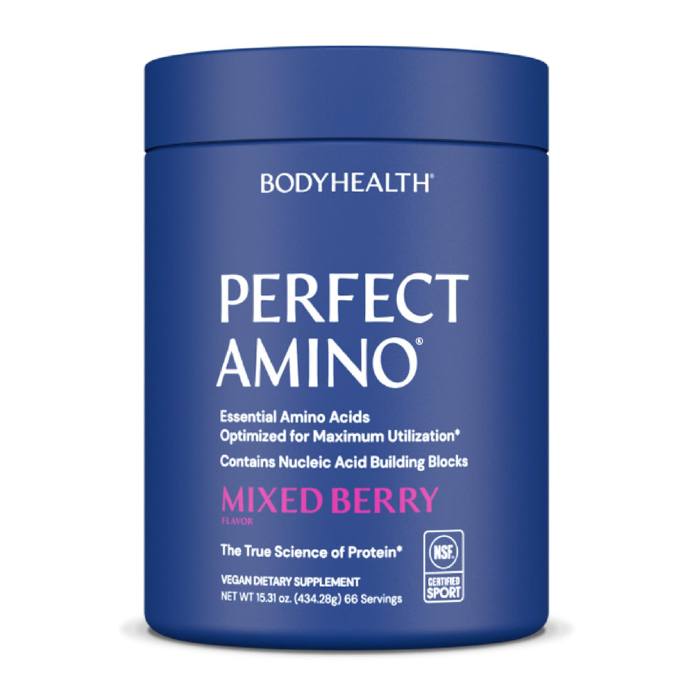 BodyHealth PerfectAmino powder bottle front showing vegan amino boost for workout recovery