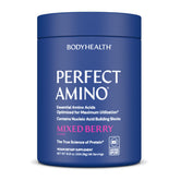 BodyHealth PerfectAmino powder bottle front showing vegan amino boost for workout recovery