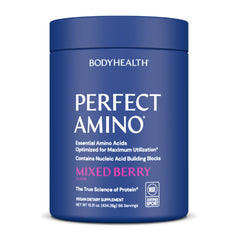 BodyHealth PerfectAmino powder bottle front showing vegan amino boost for workout recovery