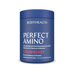 BodyHealth PerfectAmino powder bottle showcasing a clean, plant-based energy boost for workouts