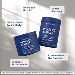 Ingredients panel emphasizes essential amino acids in BodyHealth PerfectAmino