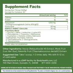 BodyHealth PerfectAmino powder scattered, highlighting essential amino acids for gut lining support.