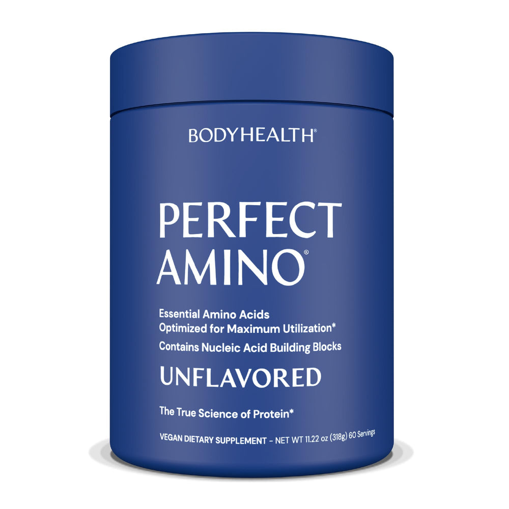 BodyHealth PerfectAmino powder tub front highlights vegan amino acid support