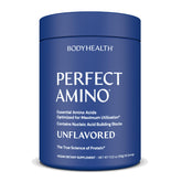 BodyHealth PerfectAmino powder tub front highlights vegan amino acid support