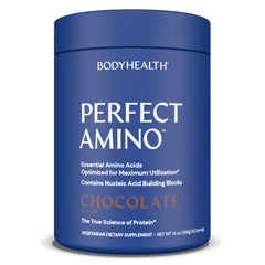BodyHealth PerfectAmino Powder brand tub showing essential amino acids for lean muscle support.