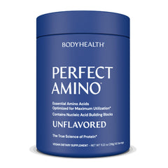 BodyHealth PerfectAmino powder tub front highlights vegan amino acid support
