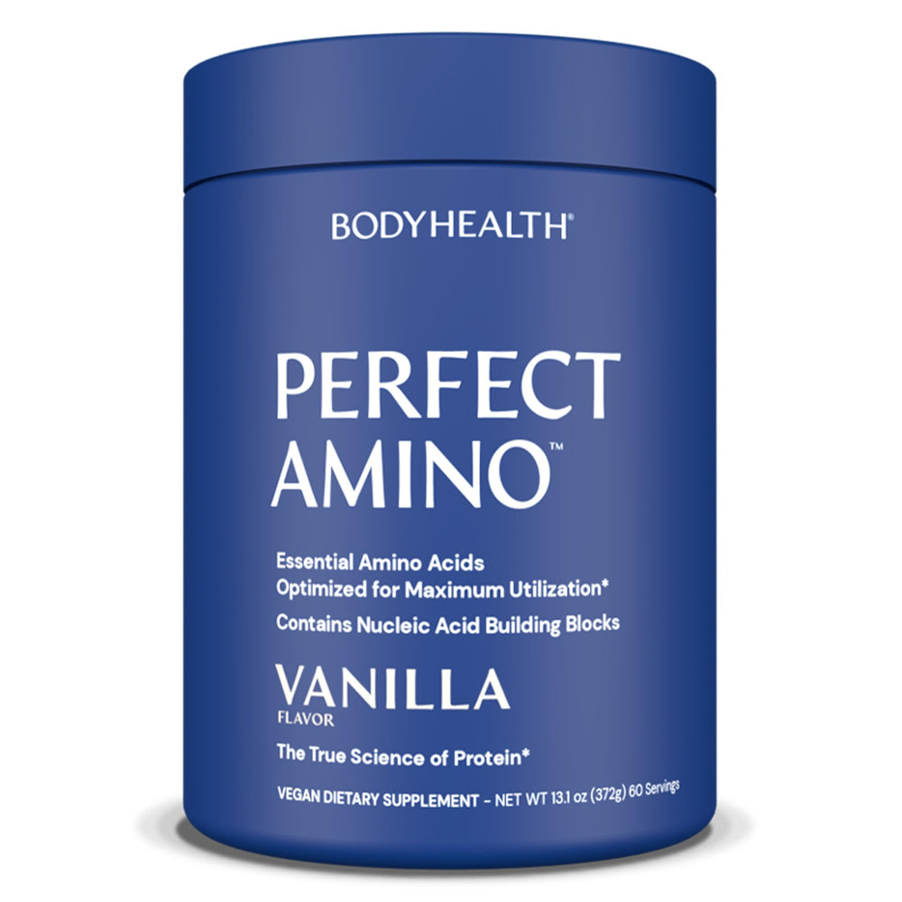 BodyHealth PerfectAmino vanilla tub ready for a quick energy-boosting mix.