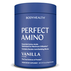 BodyHealth PerfectAmino vanilla tub ready for a quick energy-boosting mix.