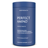 BodyHealth PerfectAmino tablets in a bottle highlighting easy-to-swallow vegan coating.