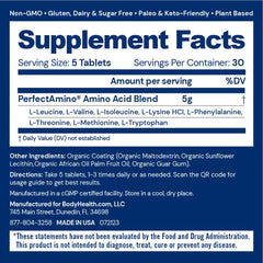 BodyHealth PerfectAmino tablets close-up reveal smooth coated vegan capsules.
