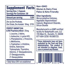 BodyHealth Zinc 30mg packaging showcases vegan, non-GMO formula.