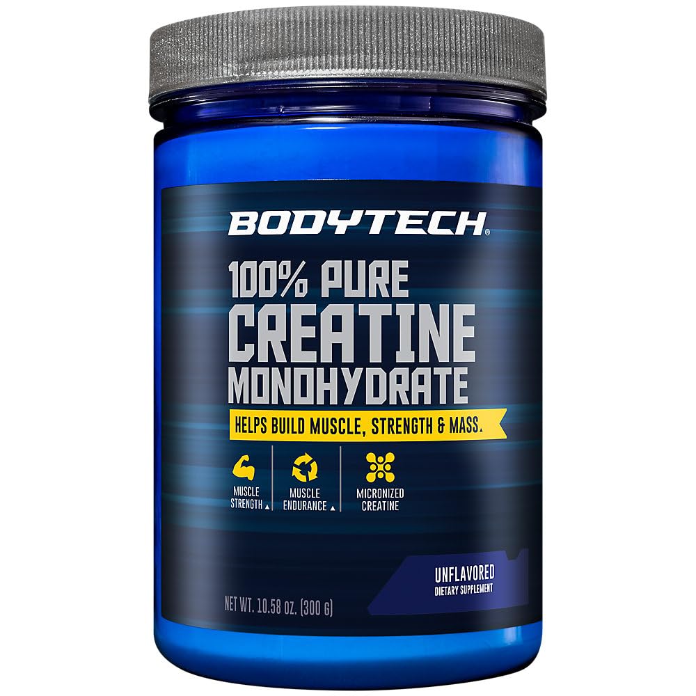 BODYTECH creatine powder bottle ready for workouts, boosts strength and power