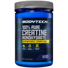 BODYTECH creatine powder bottle ready for workouts, boosts strength and power