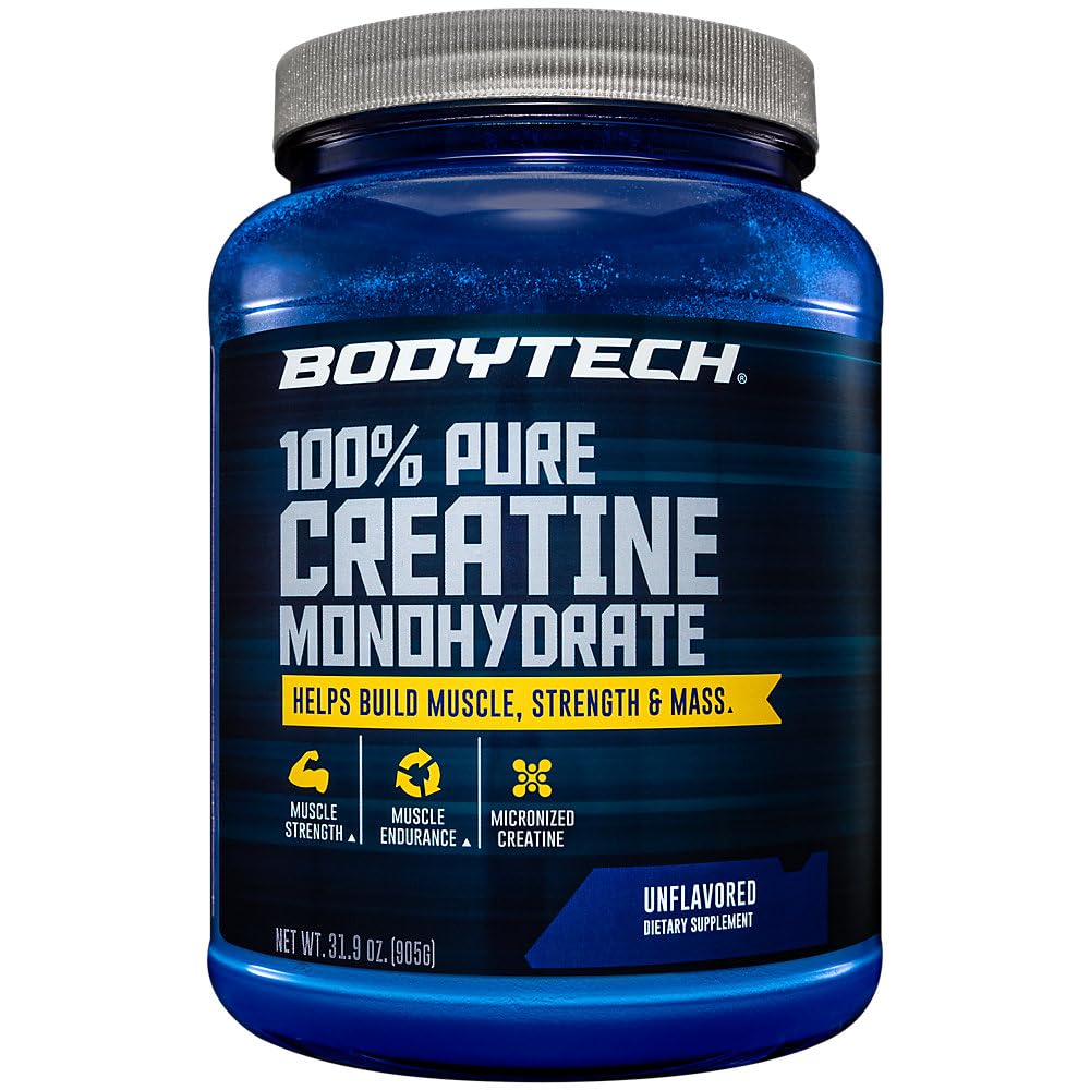 BodyTech Creatine Monohydrate powder bottle shown for pure strength support.