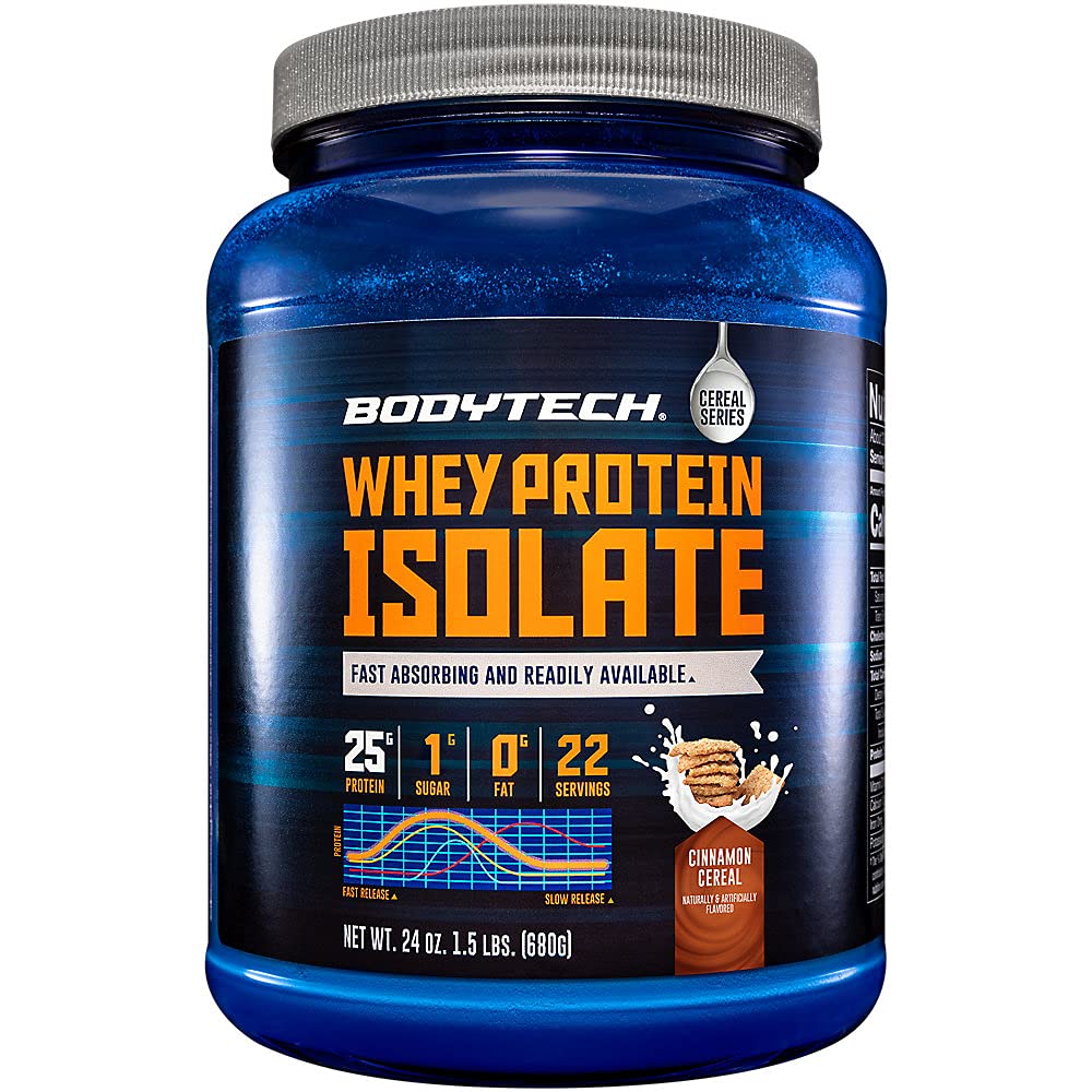 BodyTech Whey Protein Isolate Cinnamon Cereal bottle ready for post-workout recovery.