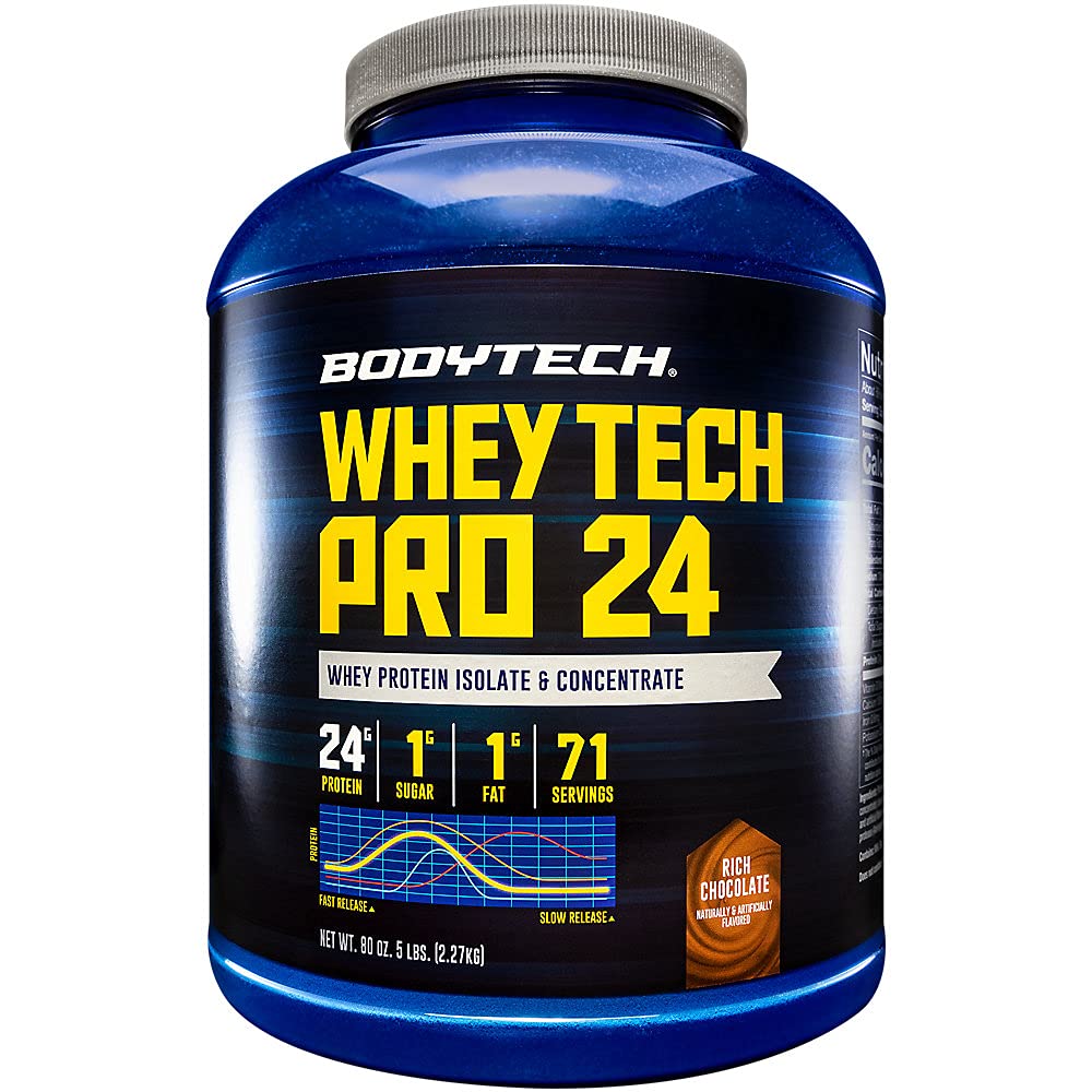 BODYTECH Whey Tech Pro 24 chocolate tub visual for daily training fuel.
