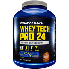 BODYTECH Whey Tech Pro 24 chocolate tub visual for daily training fuel.