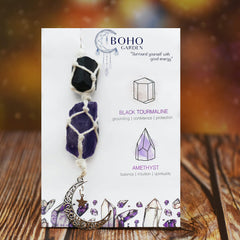 BOHO GARDEN crystal car hanging with rough amethyst and tourmaline for stylish energy.