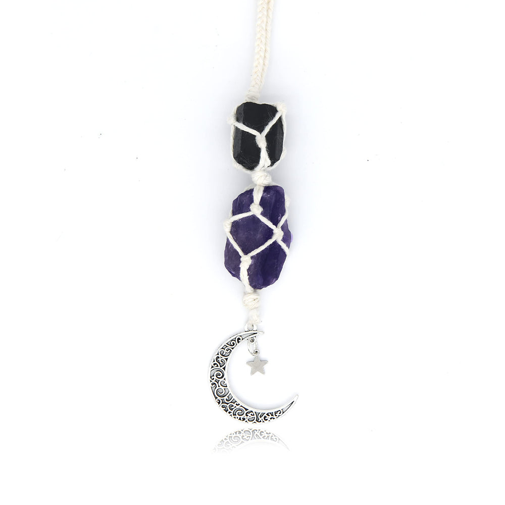 BOHO GARDEN hanging car charm with black tourmaline and amethyst, dangling moon for grounding vibes.