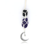 BOHO GARDEN hanging car charm with black tourmaline and amethyst, dangling moon for grounding vibes.