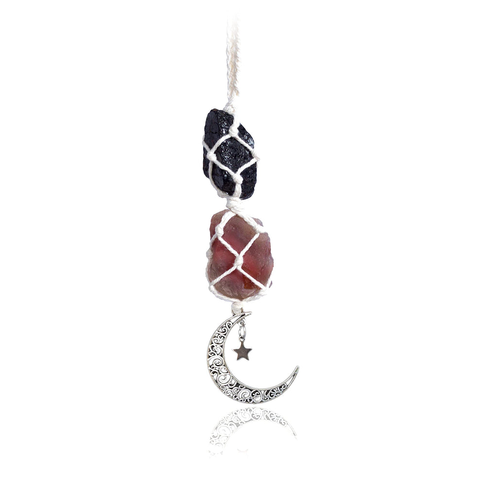 BOHO GARDEN hanging car charm with black tourmaline and carnelian for grounding energy.