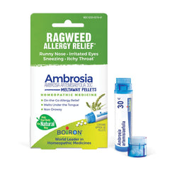 Boiron Ambrosia tube dispensing pellets for on-the-go allergy relief.