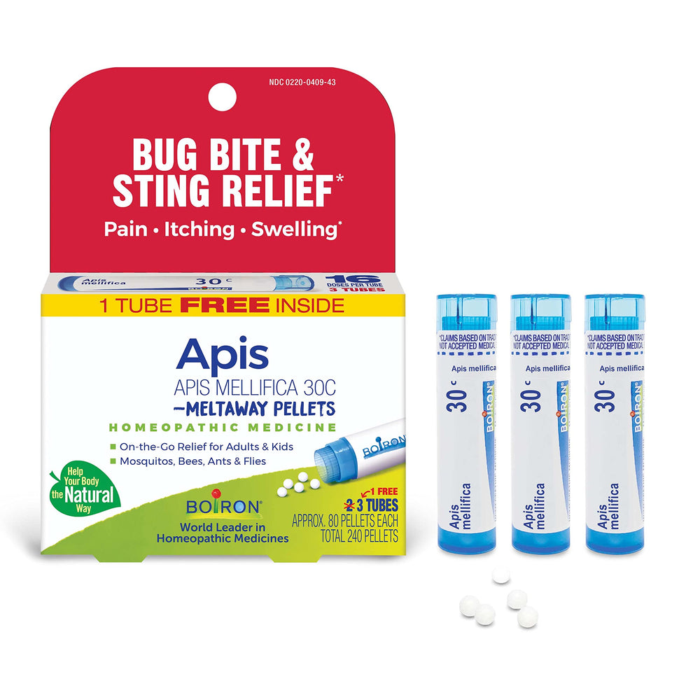 Boiron Apis Mellifica 30C pellets in a tube for on-the-go bite relief