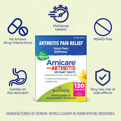 Boiron Arnicare Arthritis Tablets label highlights gluten-free formula for sensitive users.