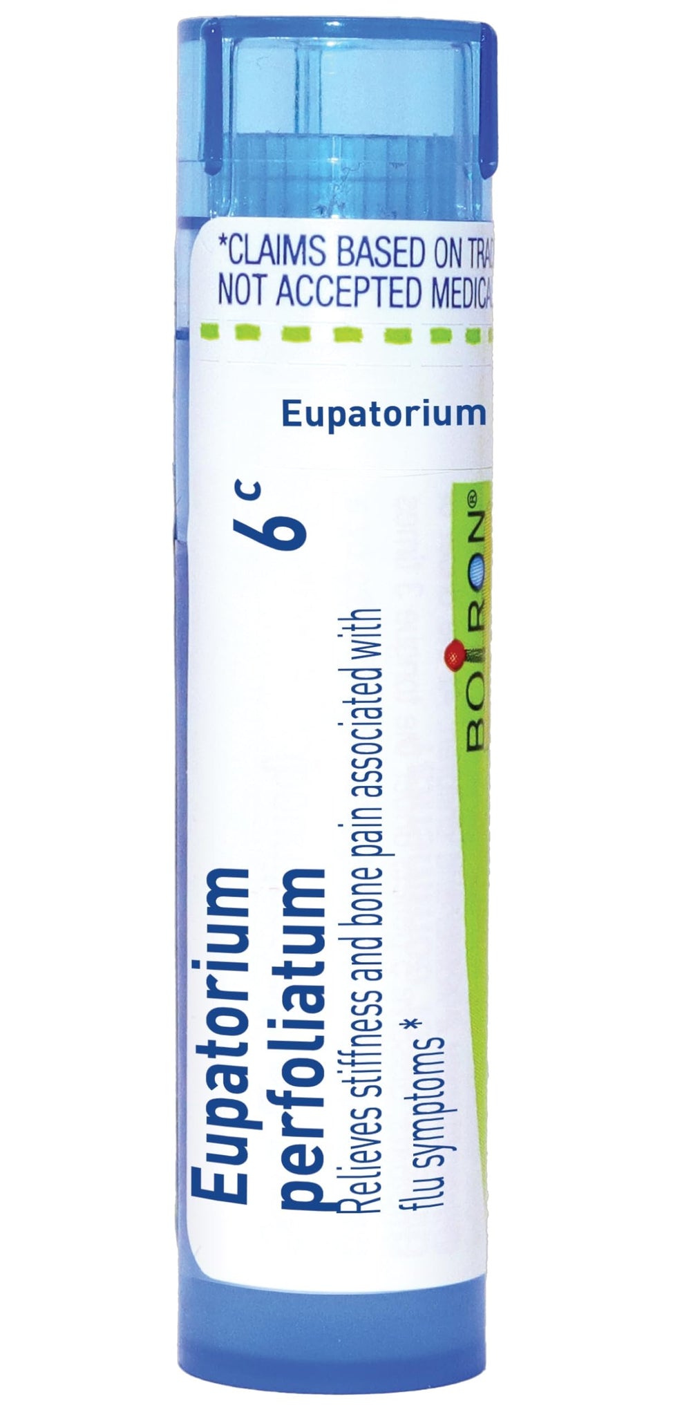 Boiron Eupatorium Perfoliatum 6C pellets dissolve under the tongue for on-the-go relief.