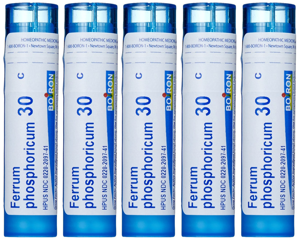 Boiron Ferrum Phosphoricum 30C packaging for convenient fever relief on the go.