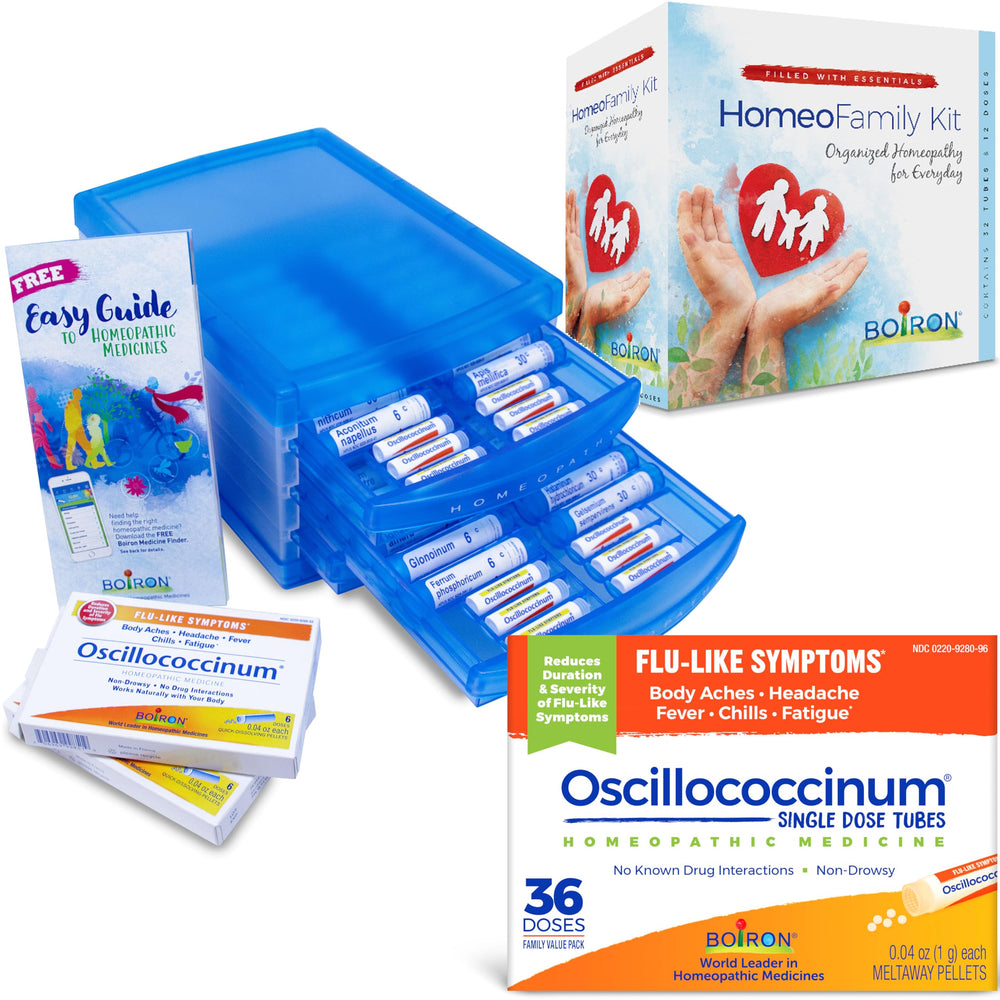 Boiron HomeoFamily kit box with blue drawers for organized remedies.