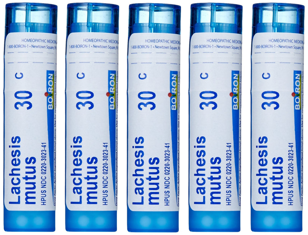 Boiron Lachesis Mutus 30C pellets on the tongue for quick-dissolving relief.