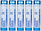 Boiron Lachesis Mutus 30C pellets on the tongue for quick-dissolving relief.