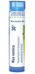 Boiron Nux Vomica 30C pellets in a compact tube for quick on-the-go relief.
